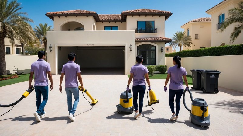 Lavender Housecare team conducting deep cleaning in a big villa in Dubai. Team looks professional, neat and have the necessary equipment for a deep clean, move in or out.