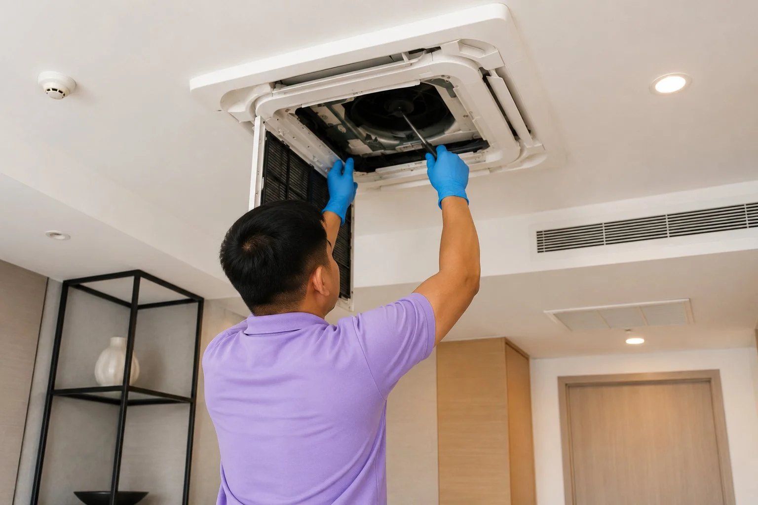 Lavender Housecare technician carrying out high quality AC cleaning and maintenance in Dubai