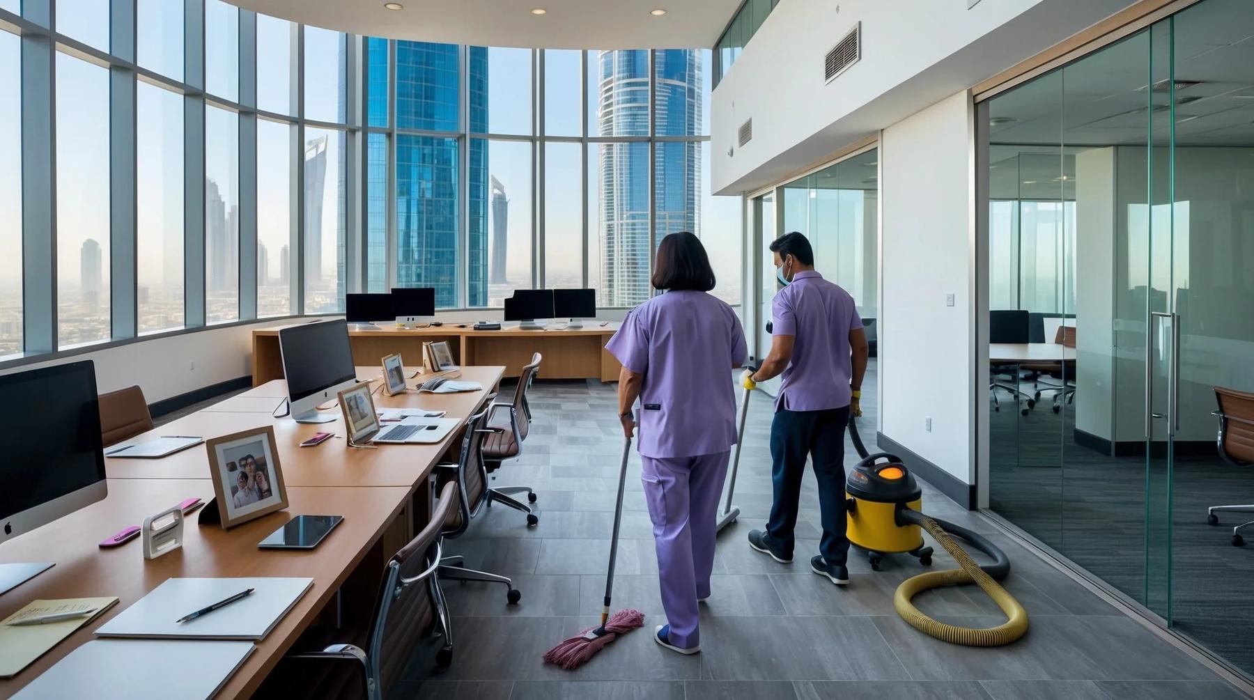 Two cleaners in Dubai from Lavender Housecare doing a deep clean of a beautiful office in Dubai. Cleaning floors, desks, computer equipment.